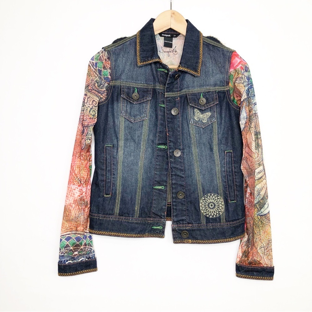 Desigual Embellished Denim Jacket with Colorful Printed Sleeves